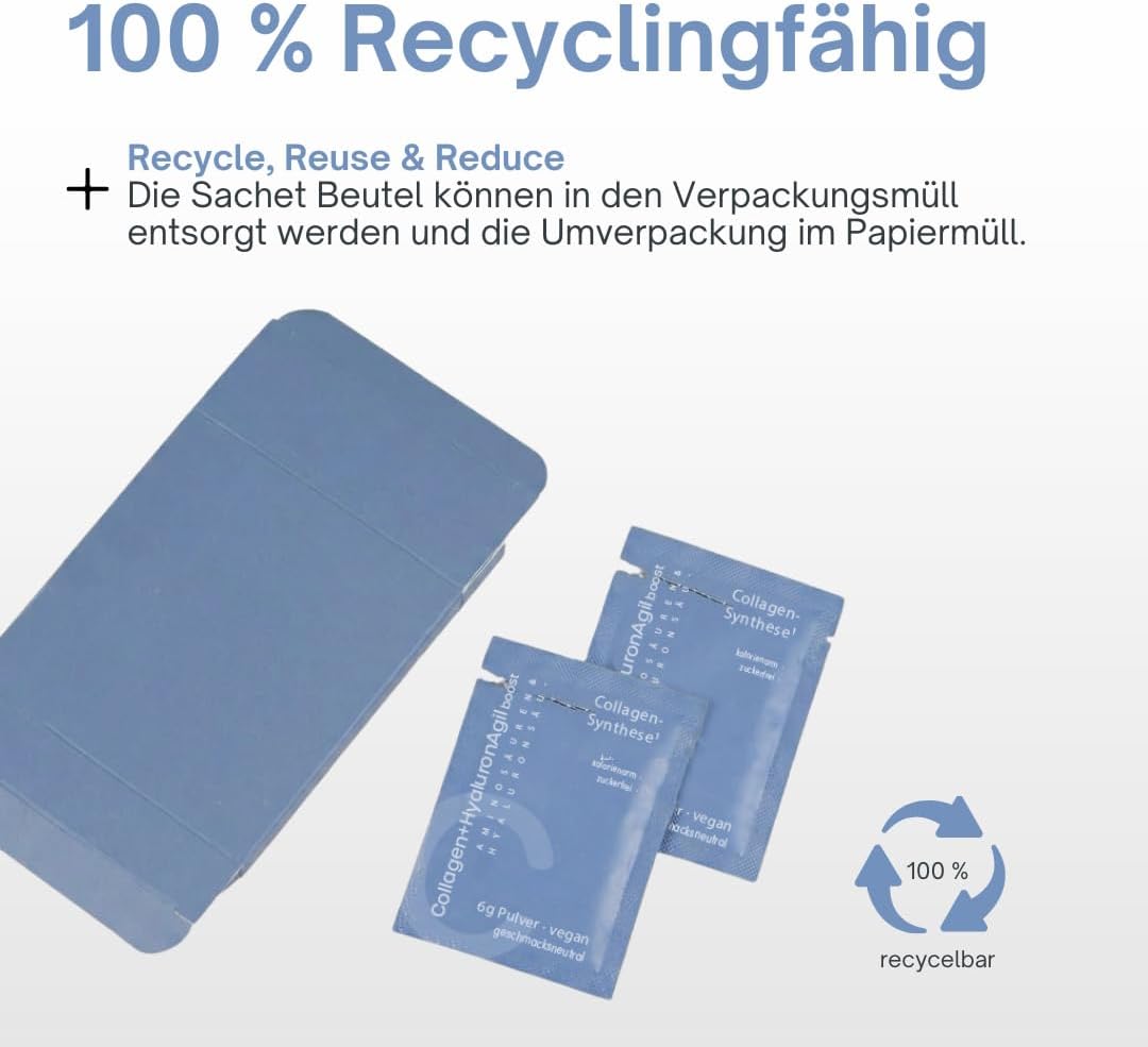 AgilNature veganes Collagen + Hyaluron I 20 Sachets mit Hyaluronsäure, Glycin, Lysin & Vitamin C I Unterstützt die Kollagenbildung¹ I Zuckerfrei, kalorienarm & geschmacksneutral I Made in Germany