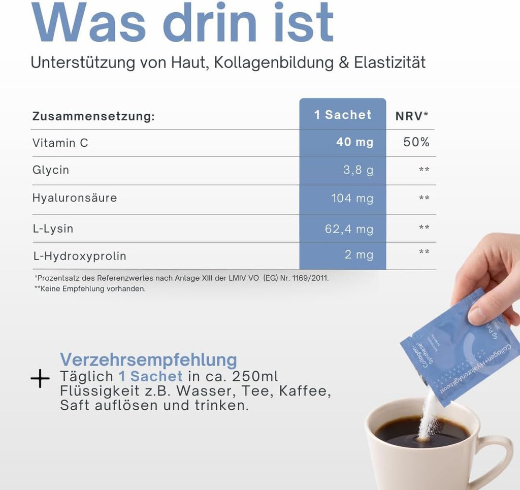 AgilNature veganes Collagen + Hyaluron I 20 Sachets mit Hyaluronsäure, Glycin, Lysin & Vitamin C I Unterstützt die Kollagenbildung¹ I Zuckerfrei, kalorienarm & geschmacksneutral I Made in Germany