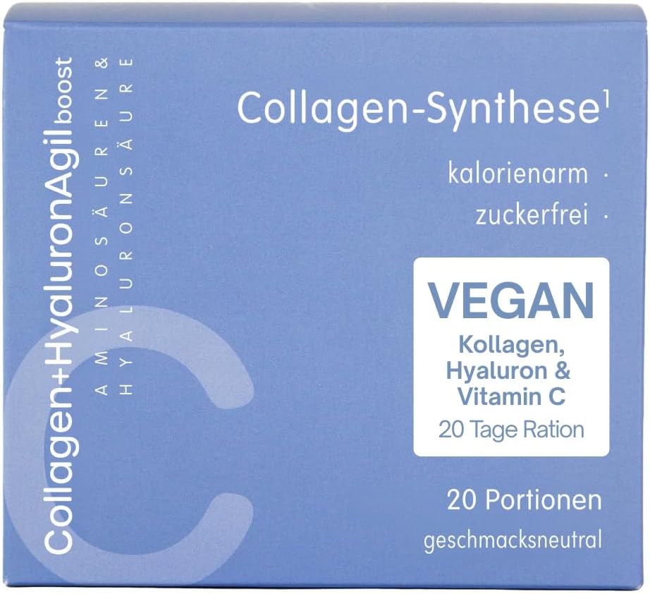 AgilNature veganes Collagen + Hyaluron I 20 Sachets mit Hyaluronsäure, Glycin, Lysin & Vitamin C I Unterstützt die Kollagenbildung¹ I Zuckerfrei, kalorienarm & geschmacksneutral I Made in Germany