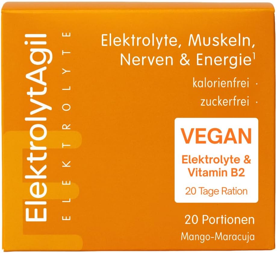 AgilNature Electrolyte Powder Vegan I 20 Sachets Mango Passion Fruit I With Magnesium, Potassium, Calcium & Vitamin B2 I 20 Daily Servings I Sugar Free & Calorie Free I For Muscles, Nerves & Energy¹ I