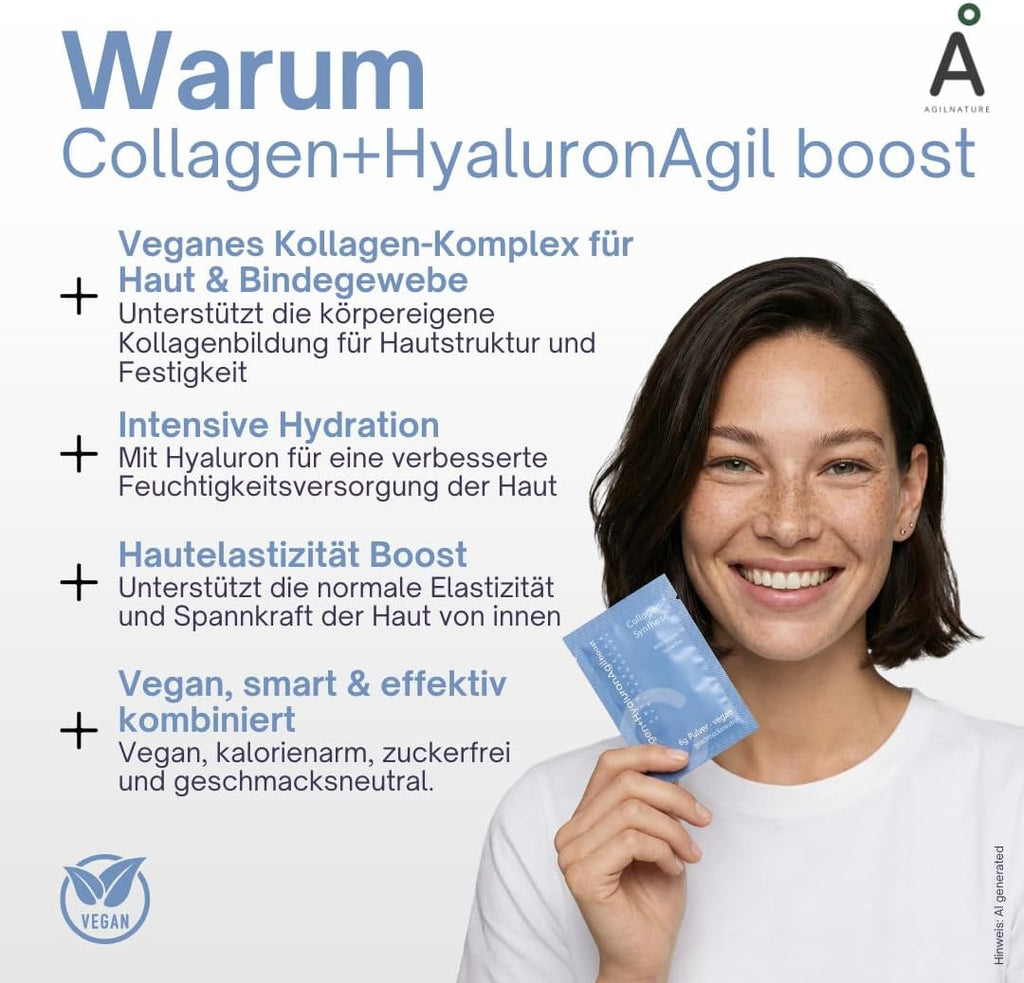 AgilNature veganes Collagen + Hyaluron I 20 Sachets mit Hyaluronsäure, Glycin, Lysin & Vitamin C I Unterstützt die Kollagenbildung¹ I Zuckerfrei, kalorienarm & geschmacksneutral I Made in Germany