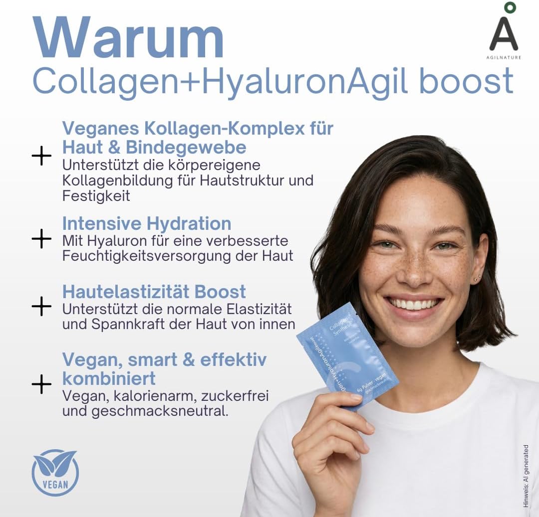 AgilNature veganes Collagen + Hyaluron I 20 Sachets mit Hyaluronsäure, Glycin, Lysin & Vitamin C I Unterstützt die Kollagenbildung¹ I Zuckerfrei, kalorienarm & geschmacksneutral I Made in Germany
