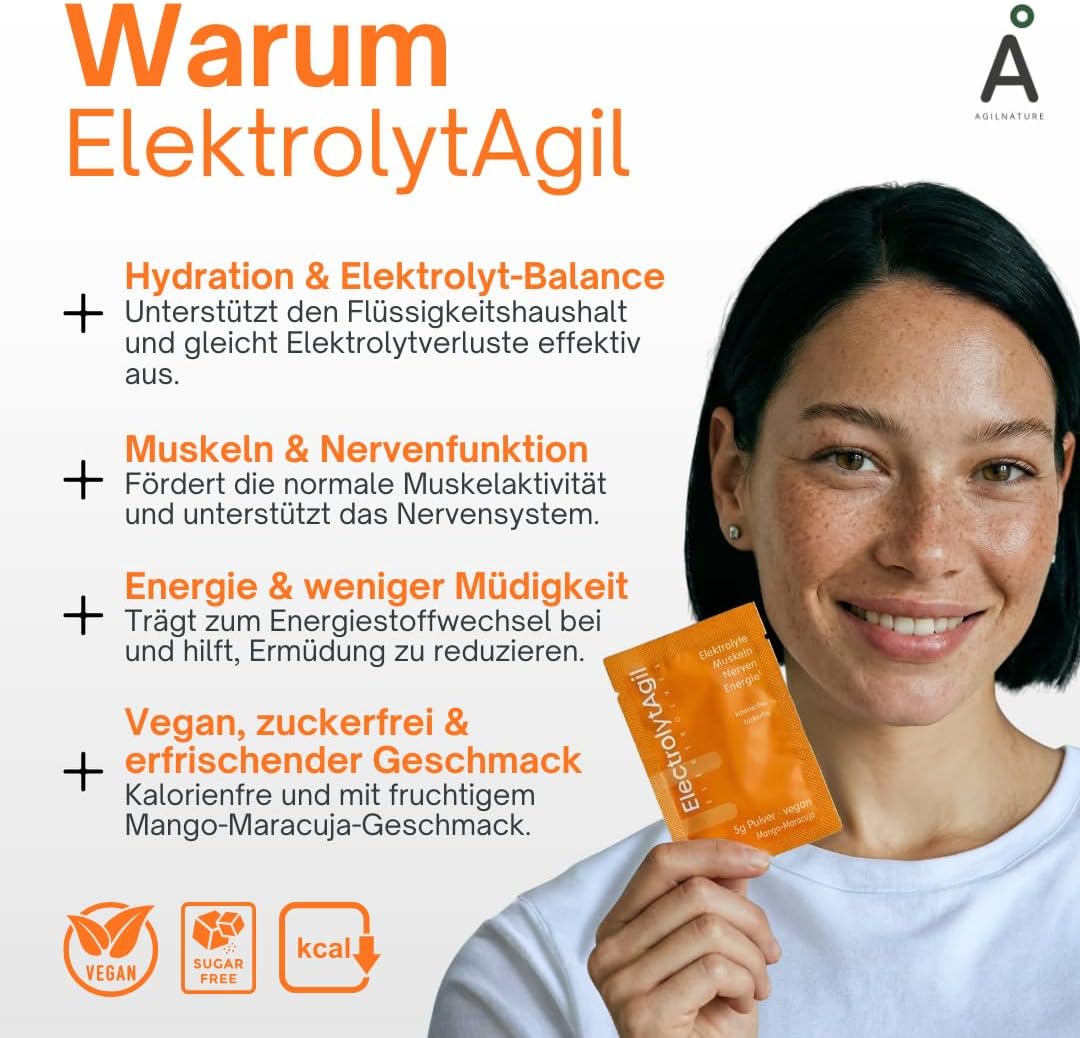 AgilNature Electrolyte Powder Vegan I 20 Sachets Mango Passion Fruit I With Magnesium, Potassium, Calcium & Vitamin B2 I 20 Daily Servings I Sugar Free & Calorie Free I For Muscles, Nerves & Energy¹ I