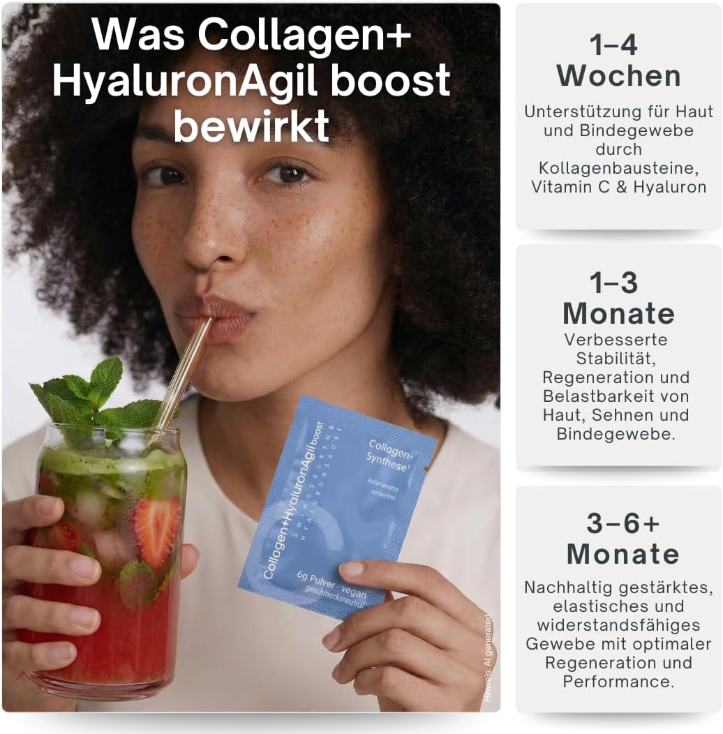 AgilNature veganes Collagen + Hyaluron I 20 Sachets mit Hyaluronsäure, Glycin, Lysin & Vitamin C I Unterstützt die Kollagenbildung¹ I Zuckerfrei, kalorienarm & geschmacksneutral I Made in Germany